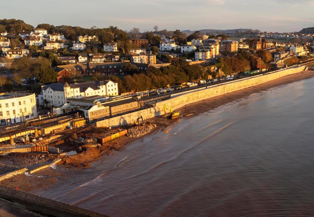 New sea wall at Dawlish protecting railway from extreme weather events