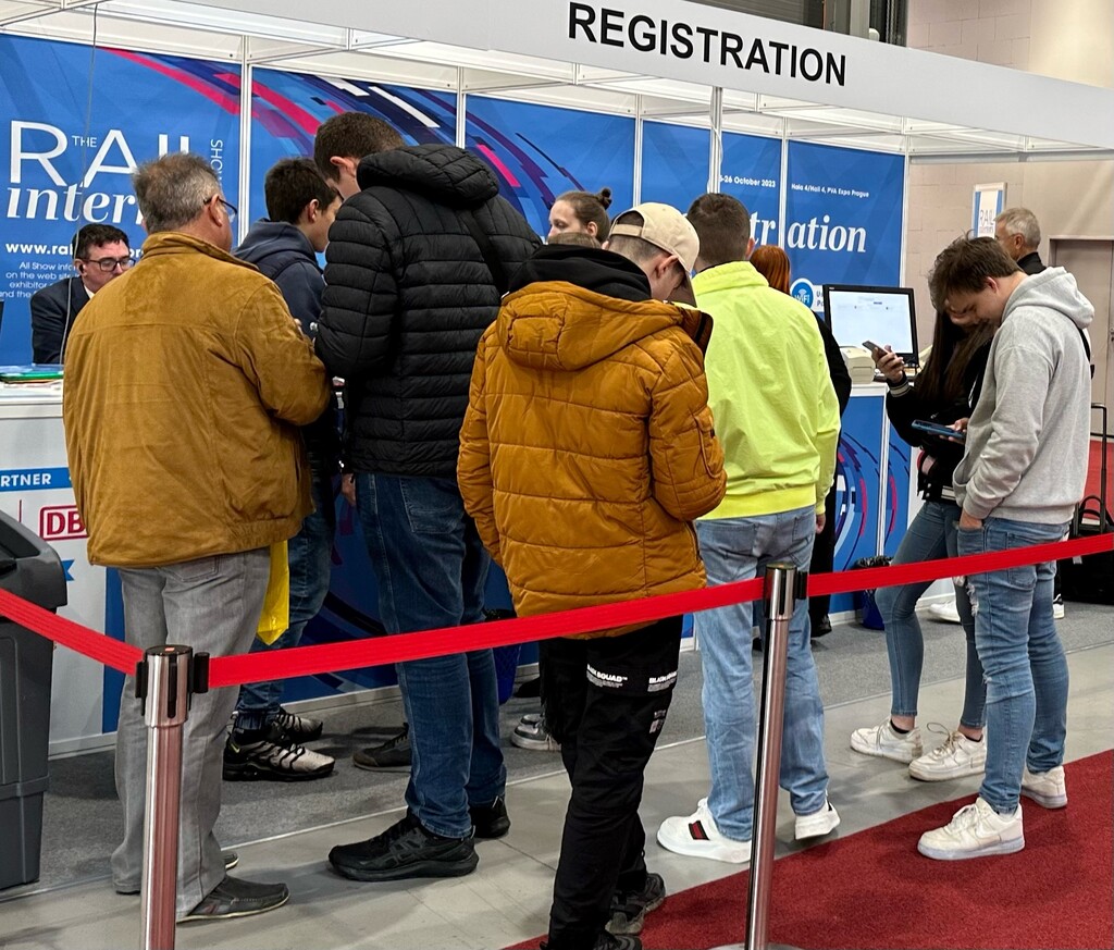 Visitors arriving at the Rail Interiors Show registration area