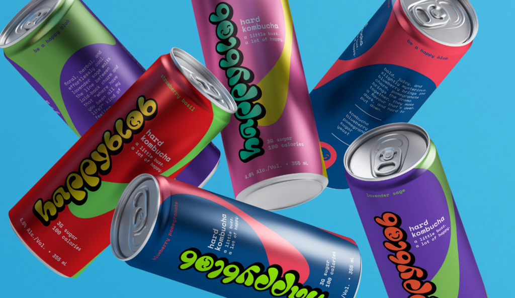 Happyblob Hard Kombucha's packaging by Brett Lair