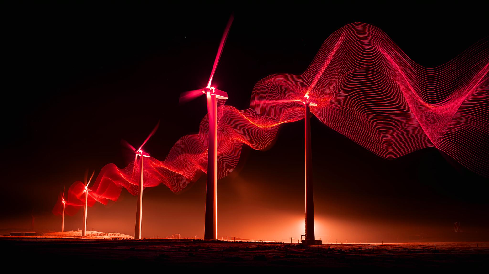 Wind turbines at night with red light-trail sound waves